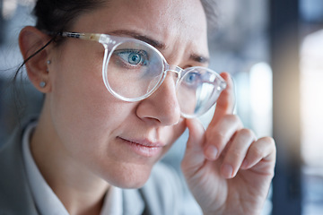 Image showing Business woman confused, vision and glasses, face and focus, prescription lens fail and problem. Optometry, health for eyes and adjust spectacles, eye care and reading, thinking and serious female