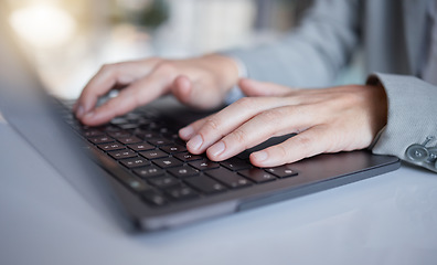 Image showing Closeup, business and hands typing, laptop and connection to search online, check website and planning. Zoom, female employee and administrator with device, signal or internet for digital information