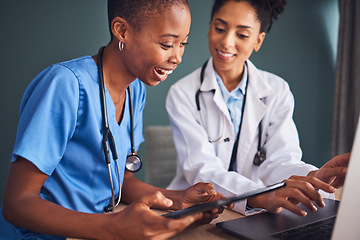Image showing Tablet, black people or doctors planning surgery and in conversation about medical news or tests results in hospital. Teamwork, laptop or African nurses speaking of healthcare report or web research