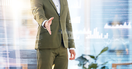 Image showing Handshake, overlay and finance with a business man meeting in the metaverse for future innovation. Partnership, accounting and data with a male employee shaking hands on a virtual hologram dashboard