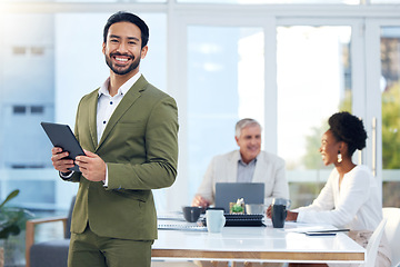 Image showing Tablet, portrait and business man with online management, company leadership and employee engagement goals. Face of professional asian, entrepreneur or person on digital technology in office meeting