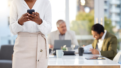 Image showing Phone, typing and business woman in meeting networking, corporate planning and cellphone communication. Person hand holding smartphone for office schedule, workflow and time management on mobile app