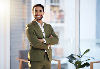 Image showing Professional portrait of asian man in office with leadership, business mindset and happy career with designer fashion. Face of a proud and confident Japanese manager, boss or entrepreneur with smile