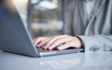 Image showing Professional woman hands typing on laptop online planning, research and digital management or strategy. Closeup of young person copywriting or working on notebook computer software, app or internet