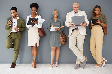 Image showing Office wall, line and business people with technology for networking, internet and job application. Recruitment, hiring row and group of workers on tablet, laptop and phone for interview opportunity