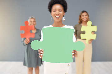 Image showing Portrait, staff and black woman with puzzle, team building and planning for project in workplace. Face, African American female manager and team with ideas, brainstorming or collaboration with mockup