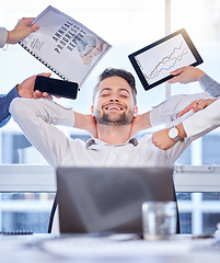 Image showing Relax, hands and business man with multitask, time management and office balance stretching at desk. Calm worker, happy person or manager stress relief for technology, documents or workplace chaos