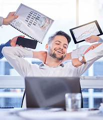 Image showing Business man, time and relax in office after finishing tasks, projects and work in company office. Corporate success, break and happy male employee resting after goals, targets and deadlines complete