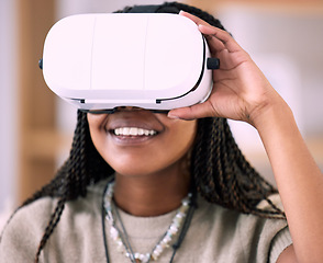 Image showing Future, black woman and virtual reality glasses for game, metaverse and happiness in living room. Futuristic, African American female and girl with technology, vr and entertainment on break and relax