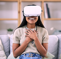 Image showing Futuristic, virtual reality glasses and black woman with happiness, hands to chest and living room. Metaverse, Nigerian female and girl with vr, metaverse and gaming with success, achievement or tech