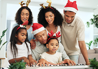Image showing Black family, christmas singing and together at piano for learning, festive celebration or bonding. Father, teaching and girl at keyboard for development, education or holiday for music, mom and kids
