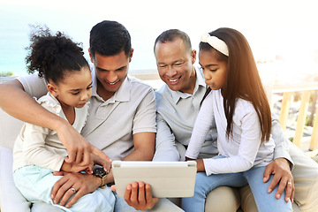 Image showing Tablet, black family and kids with online video, movies or cartoon together for love, learning and bonding. Happy fathers day, relax and children watch film or show on digital technology for holiday