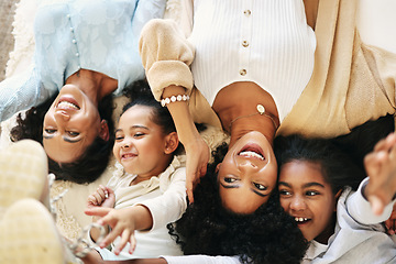 Image showing Bed, top view and grandmother, mom and children smile for bonding, quality time and love in bedroom. Big family, happy and portrait of grandma, mother and girls in bedroom relaxing together at home