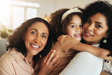 Image showing Black woman, mother and daughter with grandma in portrait with love, smile and care on holiday together. Happy family, women and girl with happiness, hug and solidarity in home living room in morning