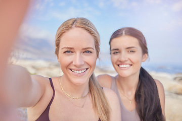 Image showing Selfie, fitness and portrait of women in nature for fitness, training and bonding after a workout. Happy, together and friends taking a photo for cardio memory, quality time and hiking in Norway