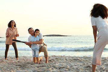 Image showing Baseball, big family and boy play at beach, having fun and enjoying holiday together. Care, sunset and mother with happy grandparents playing sports with kid or child and bonding by ocean or seashore