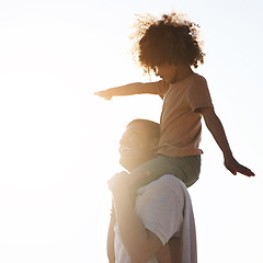 Image showing Father, child and piggyback with smile on mockup for summer vacation, holiday or family bonding time outdoors. Happy dad holding son on back walking and enjoying playful freedom together in the sun