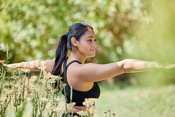 Image showing Balance, stretching and yoga by woman in nature for wellness, training and warrior on blurred background. Arm, stretch and girl relax in pilates, mediation and exercise in countryside, zen and peace