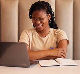 Image showing Laptop, studying black woman or student reading college email, university application or remote online education. Planning, e learning and gen z person on computer at restaurant for internet research