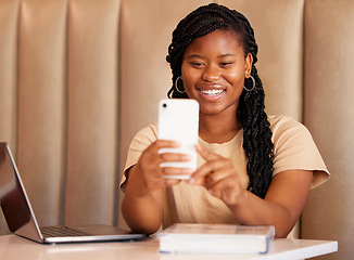 Image showing Selfie, study and black woman with education update for social media, influencer blog or network app at restaurant. Happy online student or young person with profile picture for remote learning break