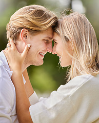 Image showing Love, smile and couple with face together for happy, quality time and bond on weekend, vacation and holiday. Dating, engagement and young man and woman calm, relaxing and romantic embrace in park