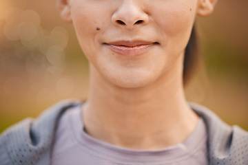 Image showing Smile, outdoor and mouth of woman in park for relaxing on weekend, holiday and vacation in park. Nature, wellness and face zoom of girl with happiness, calm and peace for fitness, exercise or workout