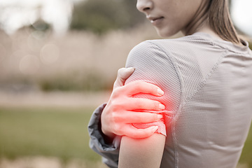 Image showing Hands, arm pain and injury in nature after accident, workout or training outdoors. Sports, health and athlete or woman with fibromyalgia, inflammation or painful muscles arthritis and tendinitis.