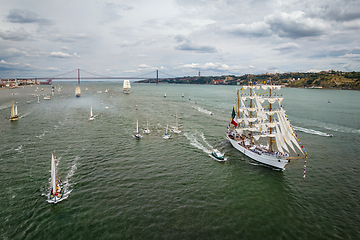 Image showing Tall ships sailing in Tagus river. Lisbon, Portugal