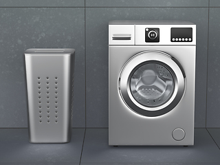 Image showing Silver washing machine and laundry hamper
