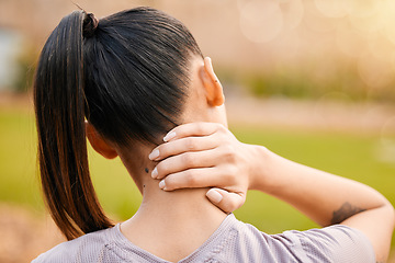 Image showing Neck pain, hands and back injury in nature after accident, running or workout outdoors. Sports, health and woman athlete with fibromyalgia, inflammation or tendinitis, arthritis or painful muscles.