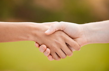 Image showing Support, handshake and teamwork, sports or collaboration for team building, solidarity or unity. People shaking hands, workout partnership or welcome, thank you or greeting for exercise goal outdoors