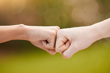 Image showing Hands, fist bump and teamwork, support or collaboration for team building, solidarity or unity. Hand connection, partnership or greeting, thank you or motivation for success, goal or targets outdoors