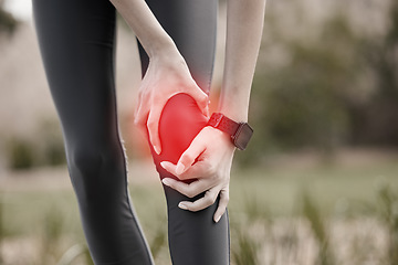 Image showing Knee pain, hands and injury in nature after accident, running or workout outdoors. Sports, health and woman athlete with fibromyalgia, inflammation or tendinitis, arthritis or painful legs at park.