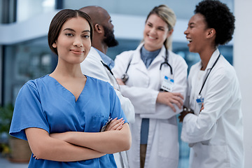 Image showing Woman, portrait and nurse in a hospital with clinic management vision and goals. Medical, healthcare and professional surgeon team with happiness feeling proud from wellness support and health work