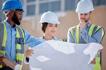 Image showing Blueprint, teamwork and engineering with people on construction site for planning, building and architecture. Meeting, floor plan and project management with group of engineer for idea and graphic