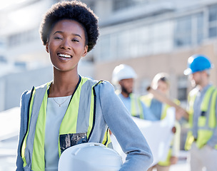 Image showing Construction worker portrait of black woman in architecture for career mindset, leadership and development. Happy safety of engineering person, contractor or project manager for planning or building