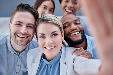 Image showing Business, people and portrait selfie of happy teamwork, motivation and success of corporate workers. Diversity employees smile for photograph, global company and collaboration of happiness together