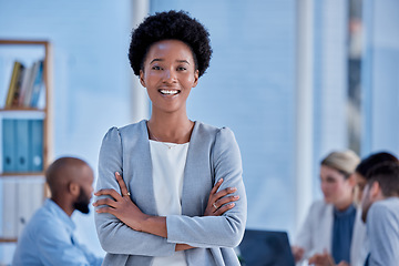 Image showing Business, leadership and portrait of black woman CEO, happy in office with smile and arms crossed. Corporate leader, management and confident businesswoman boss or African manager at digital startup.