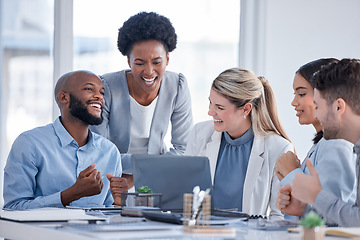 Image showing Laughing, planning and business people with a laptop in a meeting with a meme, video or joke. Teamwork, funny and diversity with employees reading a comic email on technology for joy and happiness