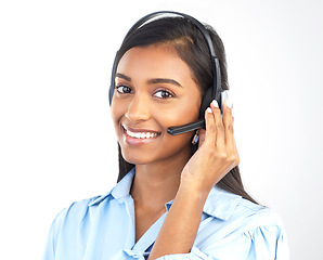 Image showing Callcenter, customer service and portrait of Indian woman worker in a isolated studio. Marketing help, networking and web support consulting of a contact us employee with smile from call center crm