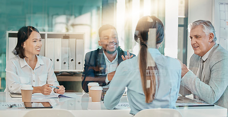 Image showing Meeting, collaboration and glass with a business team in the boardroom, planning a strategy for growth. Teamwork, management or leadership with a man and woman employee group in an office workshop