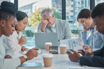 Image showing Business meeting, manager headache and people in stress, tired or focus problem thinking of documents review. Burnout, fatigue and senior boss or man in pain, crisis or anxiety in workshop or seminar