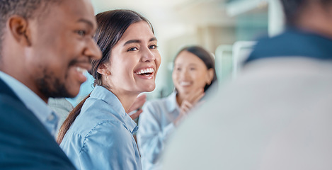 Image showing Smile, meeting and workshop with a business woman laughing in the boardroom during a training seminar. Happy, collaboration or conference and a female employee in the office with a colleague group