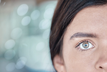 Image showing Eye, scan and mockup with a woman using cybersecurity or facial recognition software for safety. Future, ai and retina scanner with a female using technology to access the metaverse or virtual world