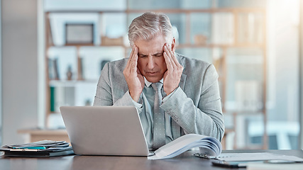 Image showing Stress, burnout and senior businessman with a headache, business problem and crisis on a laptop. Mental health, tired and mature employee with a migraine, bad news and pain from a work deadline