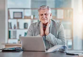 Image showing Stress, health and sick businessman with throat pain, discomfort and inflammation. Burnout, covid and senior employee with a virus, flu problem and cold while working with swollen tonsils at work