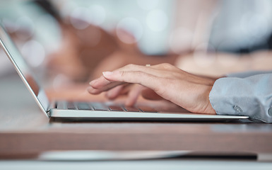 Image showing Hands, laptop and research with a business woman typing a report for feedback in her office at work. Computer, email or internet with a female employee working on a network for a communication review