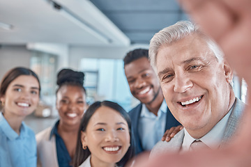 Image showing Selfie, friends and a man ceo with his team posing for a profile picture in the office at work. Portrait, social media or leadership with a business manager taking a photograph with an employee group