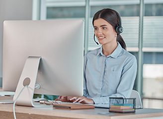 Image showing Call center, consultation and woman with a computer for support online, telemarketing and advice. Contact us, communication and customer service agent in web assistant, operation and helpline