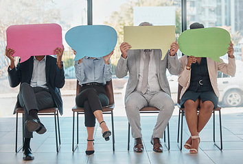 Image showing Feedback, mockup and speech bubble with business people in office for social media, job interview and vote. Logo, chat and opinion with group and sign in waiting room for voice, public and forum